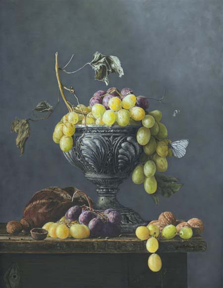 Grapes in a silver vase